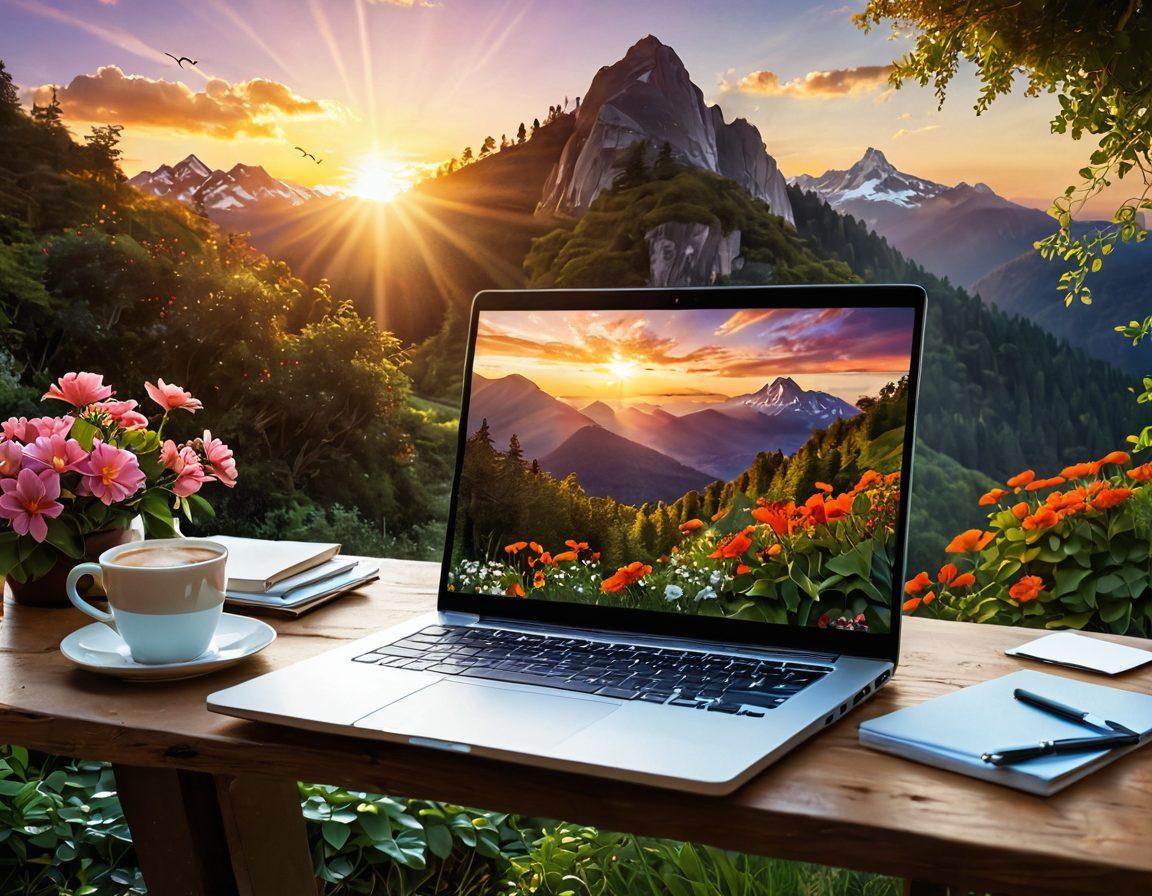 A radiant sun emerging from behind a mountain, symbolizing illumination and inspiration, with a laptop open on a scenic table surrounded by lush greenery and blooming flowers, pages of written articles swirling in the air like butterflies. The warm colors of sunset filter through the scene, reflecting a vibrant and inviting atmosphere. super-realistic. vibrant colors. nature background.