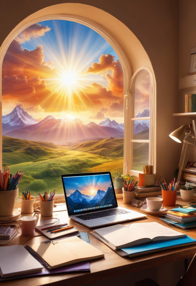 A radiant sunrise over a vibrant landscape, symbolizing creativity and inspiration, with a blogger sitting at a desk filled with bright ideas and tools like notebooks, laptops, and colorful pens. Sun rays shining through clouds, illuminating phrases like 'energy', 'creativity', and 'content'. Incorporate motivational elements like light bulbs and a glowing aura around the blogger. super-realistic. vibrant colors. dreamy background.