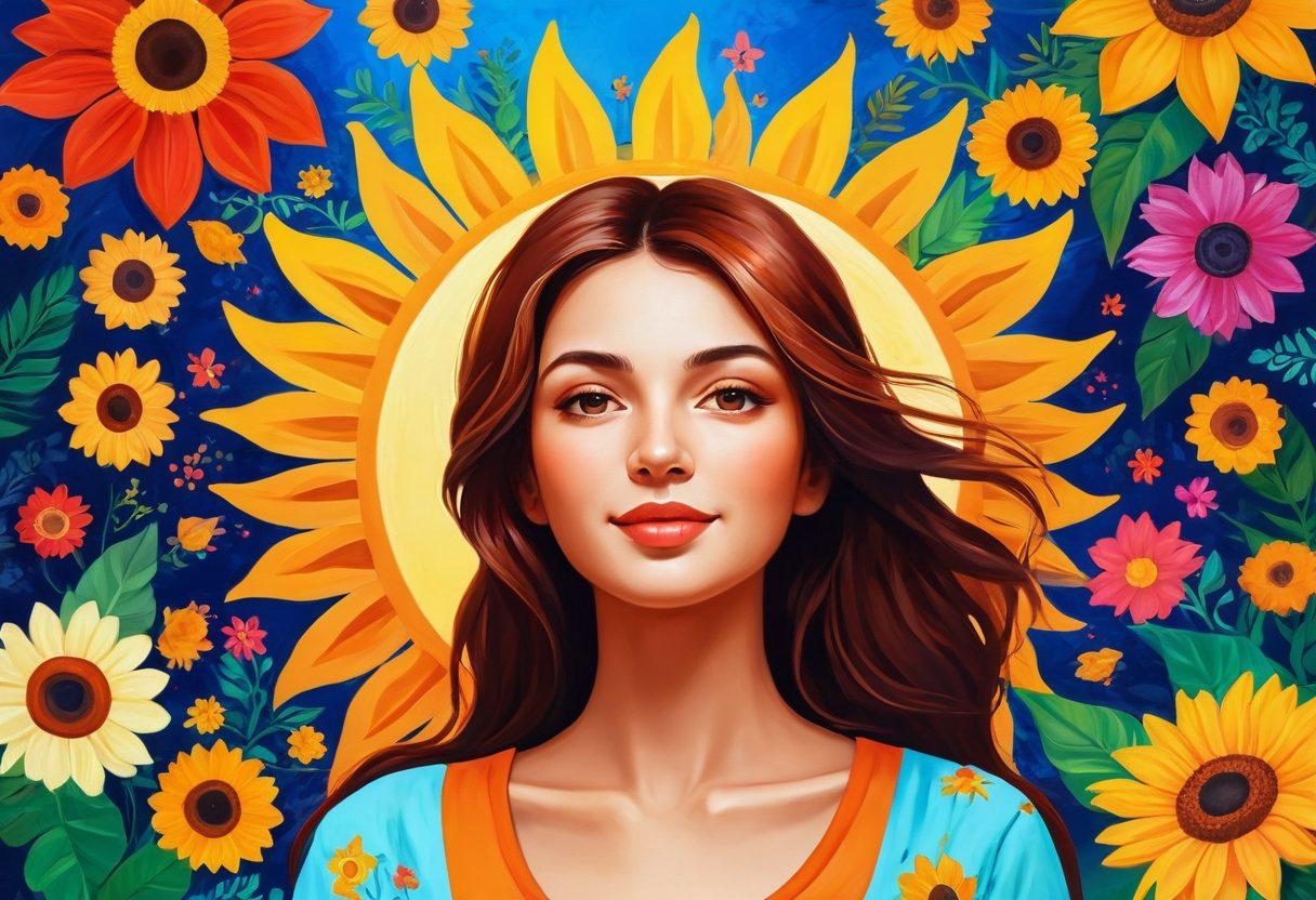 A radiant sun with a warm glow representing the essence of 'Surya', surrounded by vibrant elements like blossoming flowers, and a diverse group of bloggers joyfully creating content beneath its light. The scene conveys inspiration and enlightenment, symbolizing growth and creativity in blogging. Painting style, vibrant colors, bright background.